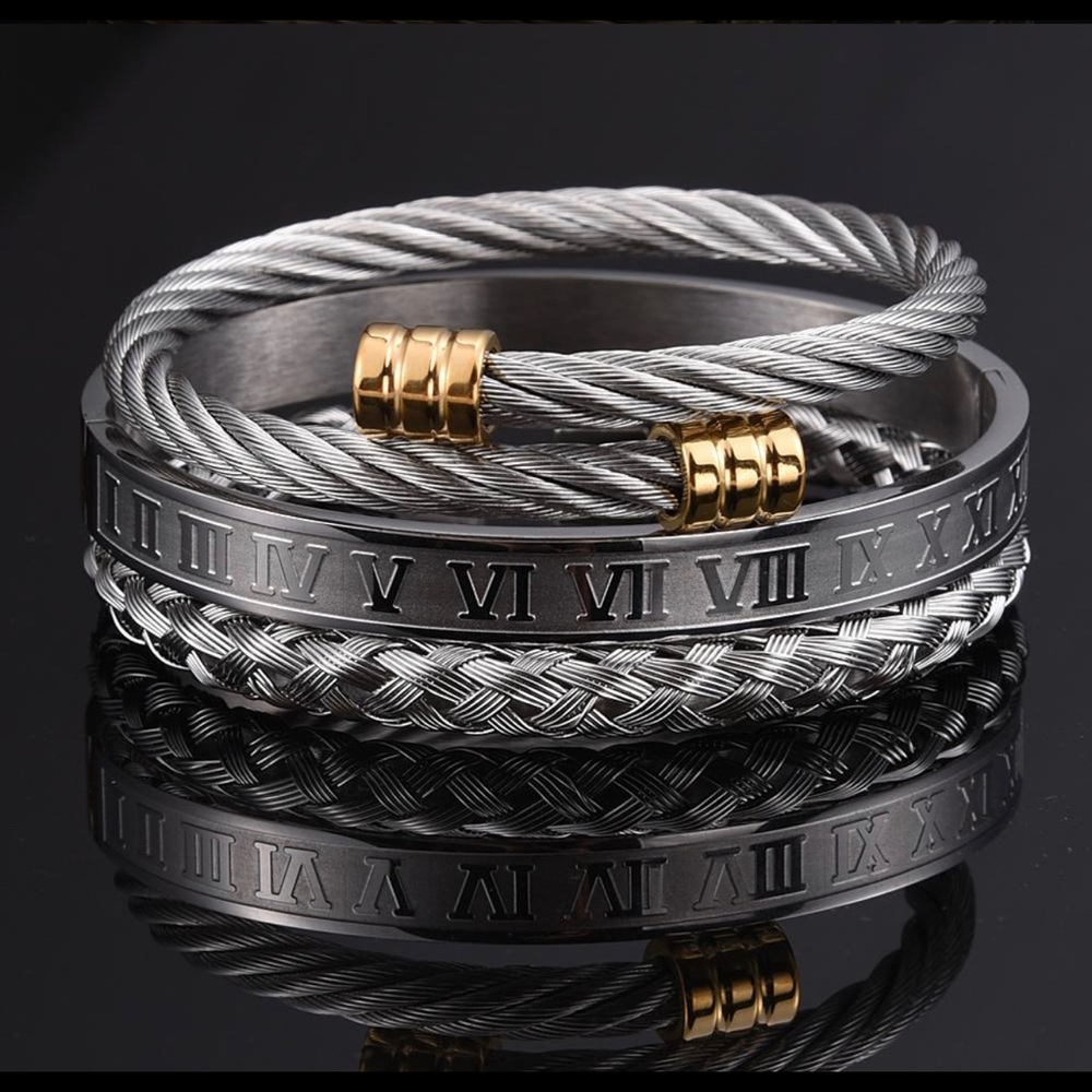 Sliver with Gold tip 3 piece Roman Bracelet set